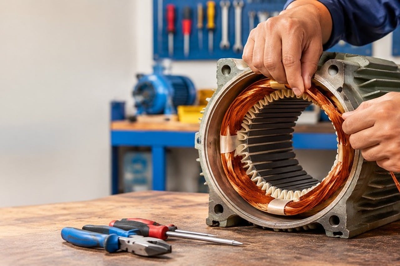 Motor winding training students practicing on electric motors at NMSPL, Kathmandu