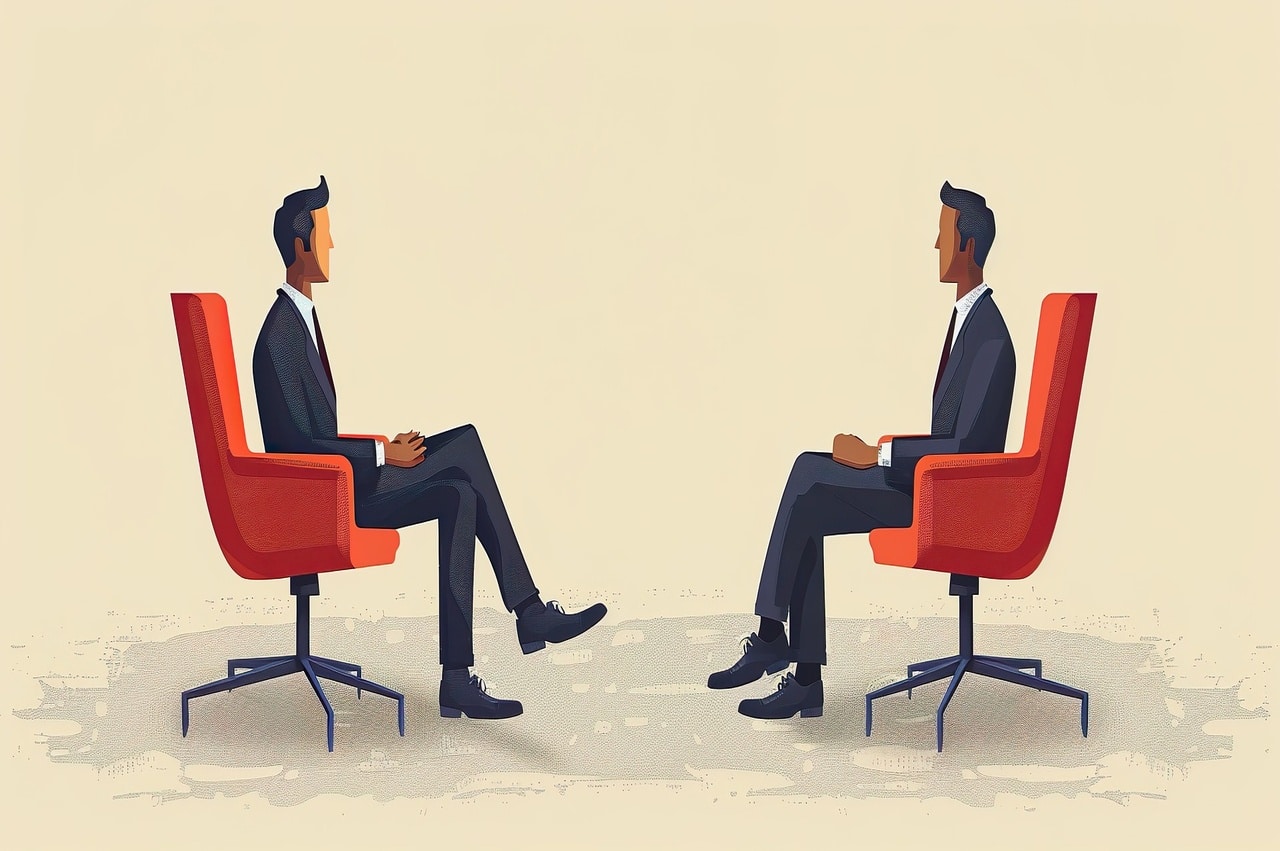 Illustration of a job interview – candidate and interviewer seated facing each other, representing interview preparation training in Nepal