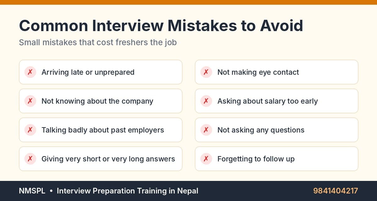 Common interview mistakes freshers make – arriving late, not knowing the company, no eye contact, not asking questions
