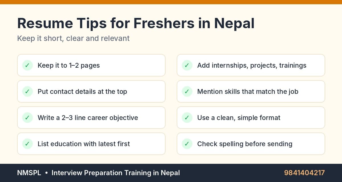 Resume tips for freshers in Nepal – one to two pages, career objective, education, skills and clean format